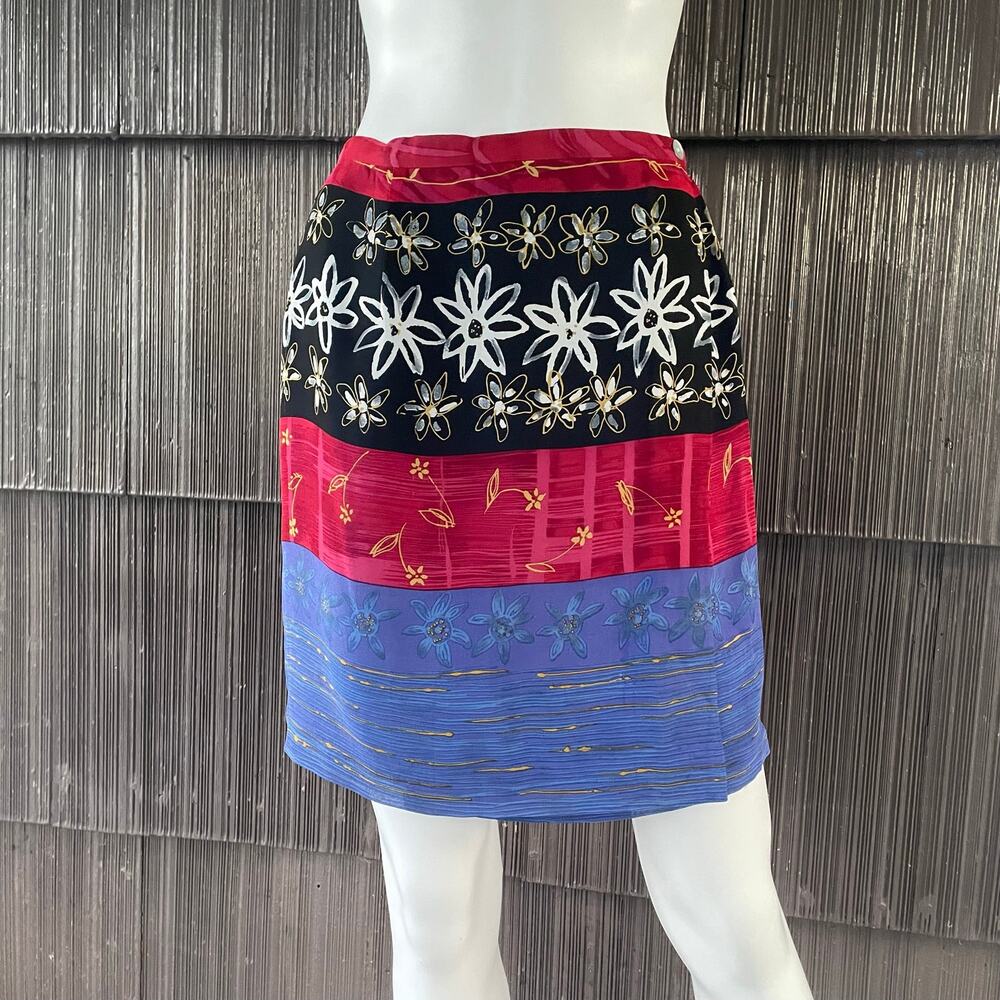 🔥Vintage Harold’s 100% Silk Floral Striped Art Wrap Pencil Skirt Tropical Boho